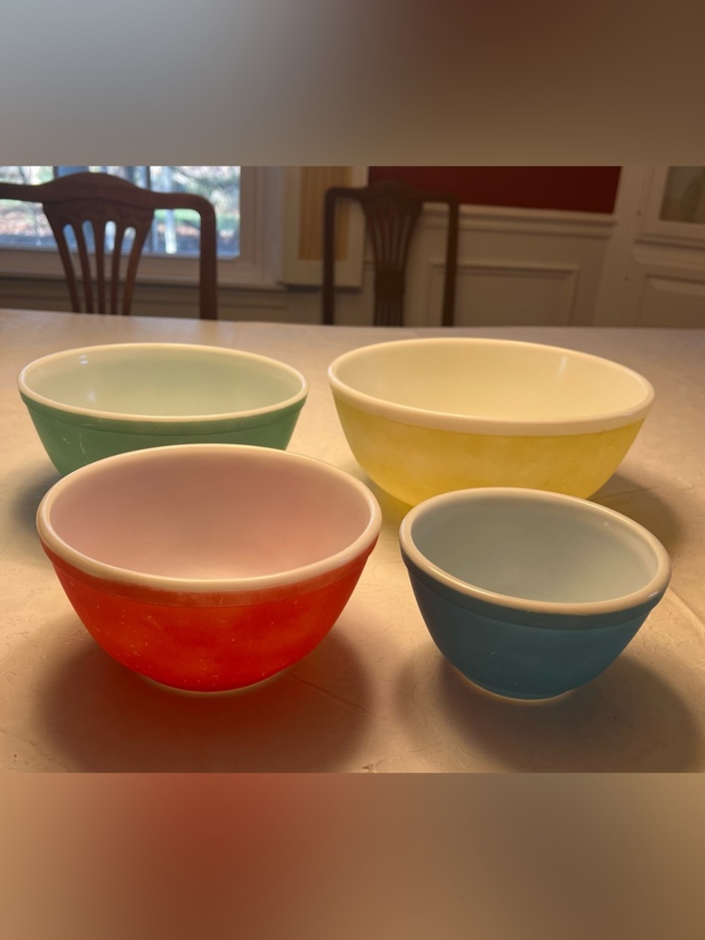 Vintage Pyrex Ceramic Mixing Bowl Set - Red, Yellow, Blue, Green